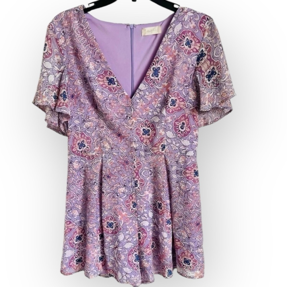 Altard State Purple Floral Print Short Romper Flutter Sleeve V Neck Sz M